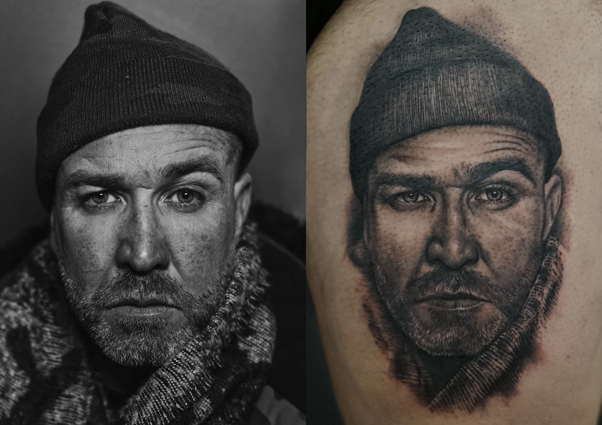 diferentes partes del proceso de un tatuaje de retrato realista, en Alicante Elda, Madrid, Barcelona, Asturias, Spain.
